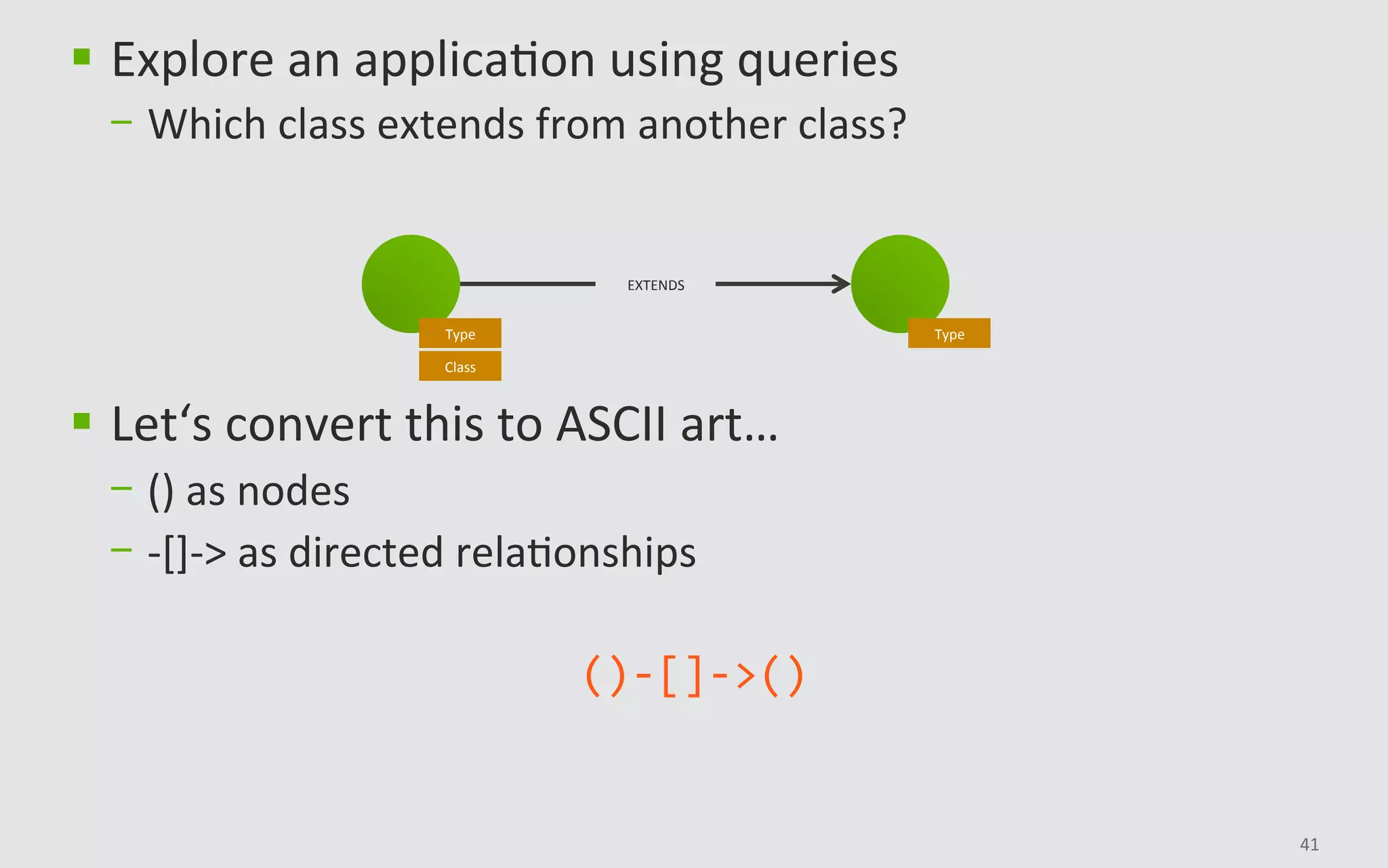 41	
Type	Type	
Class	
EXTENDS	
§  Explore	an	applicaBon	using	queries	
-  Which	class	extends	from	another	class?	
§  Let‘s	convert	this	to	ASCII	art…		
-  ()	as	nodes	
-  -[]->	as	directed	relaBonships	
()-[]->()	
 