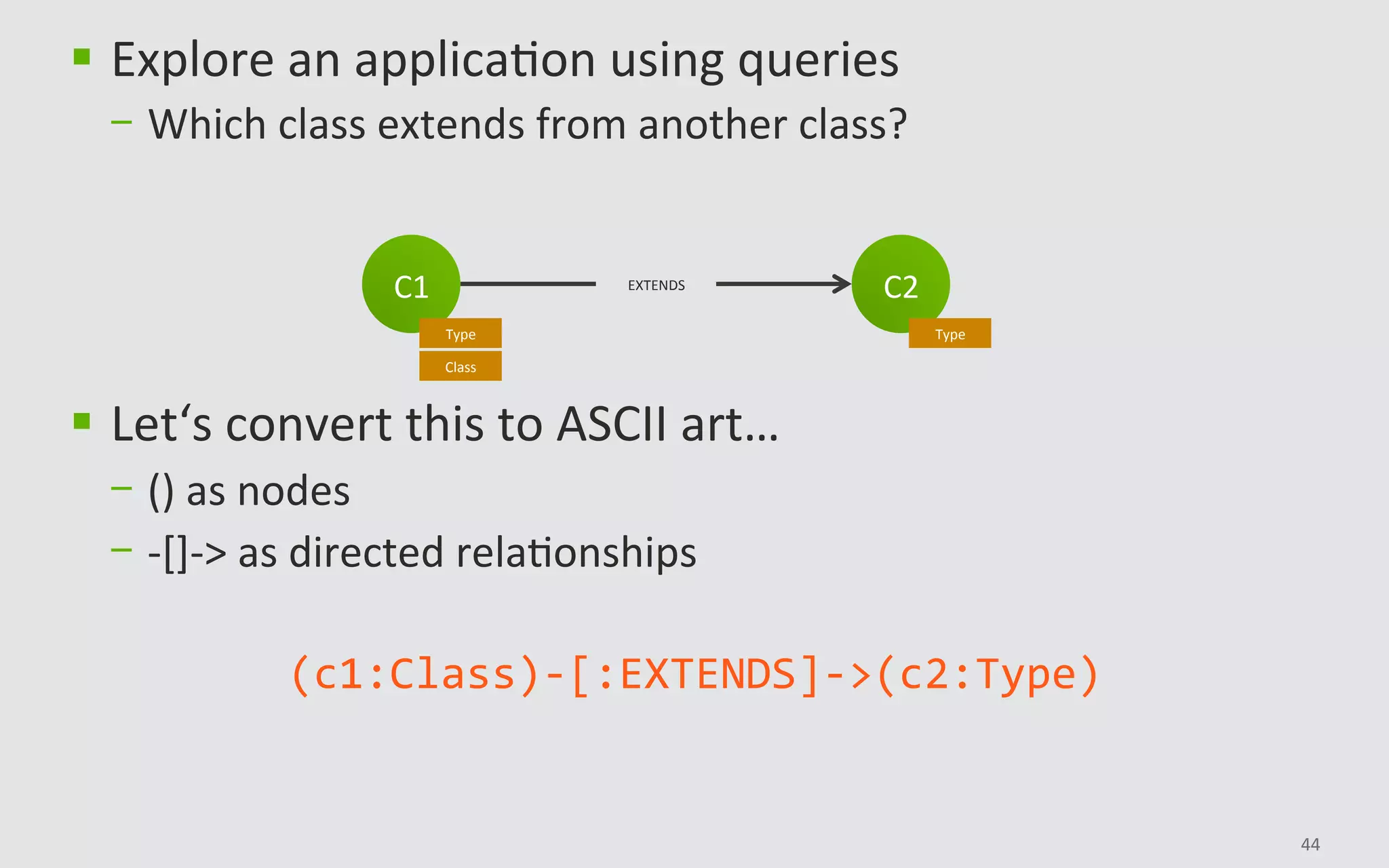 44	
§  Explore	an	applicaBon	using	queries	
-  Which	class	extends	from	another	class?	
§  Let‘s	convert	this	to	ASCII	art…		
-  ()	as	nodes	
-  -[]->	as	directed	relaBonships	
(c1:Class)-[:EXTENDS]->(c2:Type)	
C2	
Type	
C1	
Type	
Class	
EXTENDS	
 