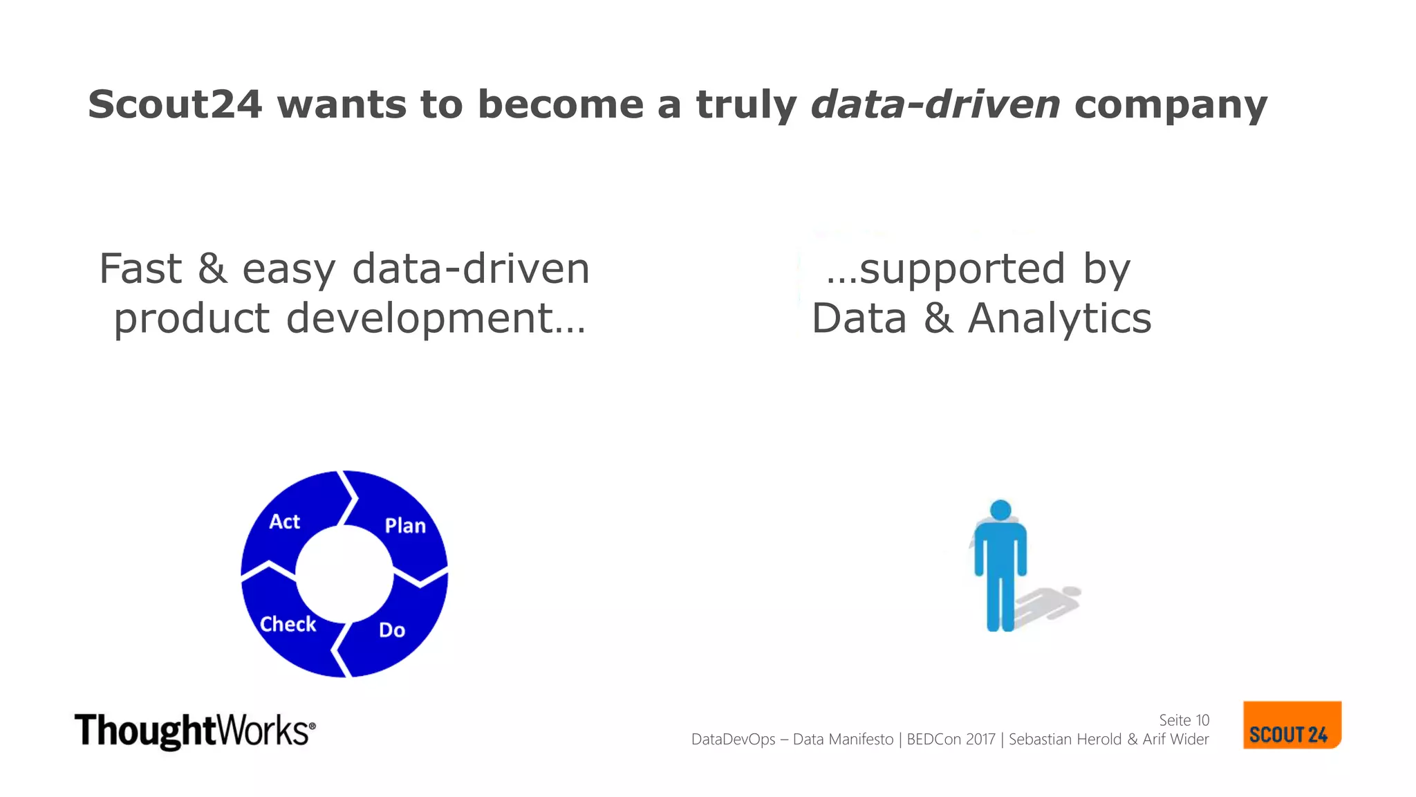 Seite 10
Scout24 wants to become a truly data-driven company
Fast & easy data-driven
product development…
…supported by
Data & Analytics
DataDevOps – Data Manifesto | BEDCon 2017 | Sebastian Herold & Arif Wider
 