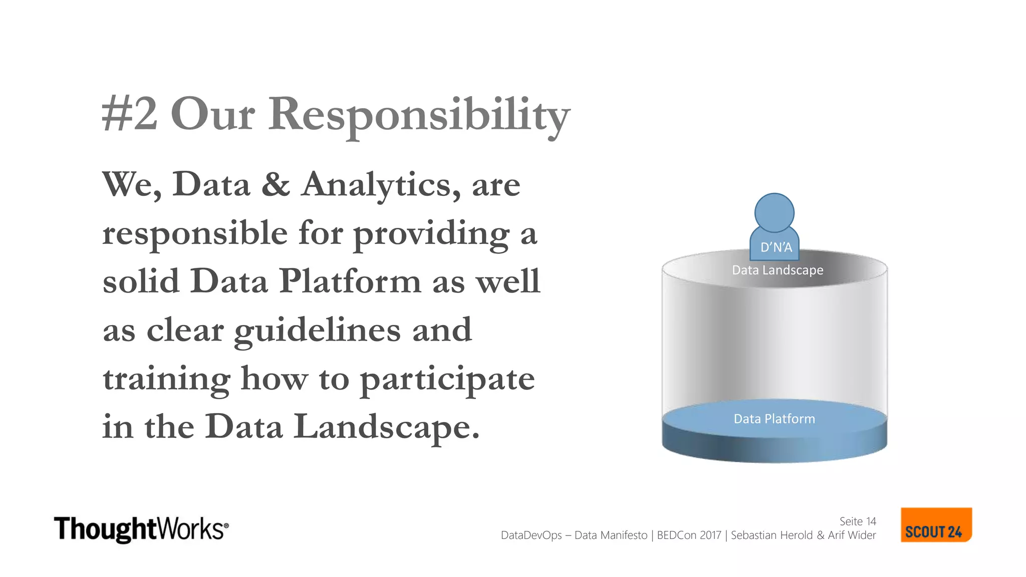 Seite 14
#2 Our Responsibility
We, Data & Analytics, are
responsible for providing a
solid Data Platform as well
as clear guidelines and
training how to participate
in the Data Landscape.
SCOUT24 DATA LANDSCAPE MANIFESTO
Data Platform
D’N’A
Data Landscape
DataDevOps – Data Manifesto | BEDCon 2017 | Sebastian Herold & Arif Wider
 