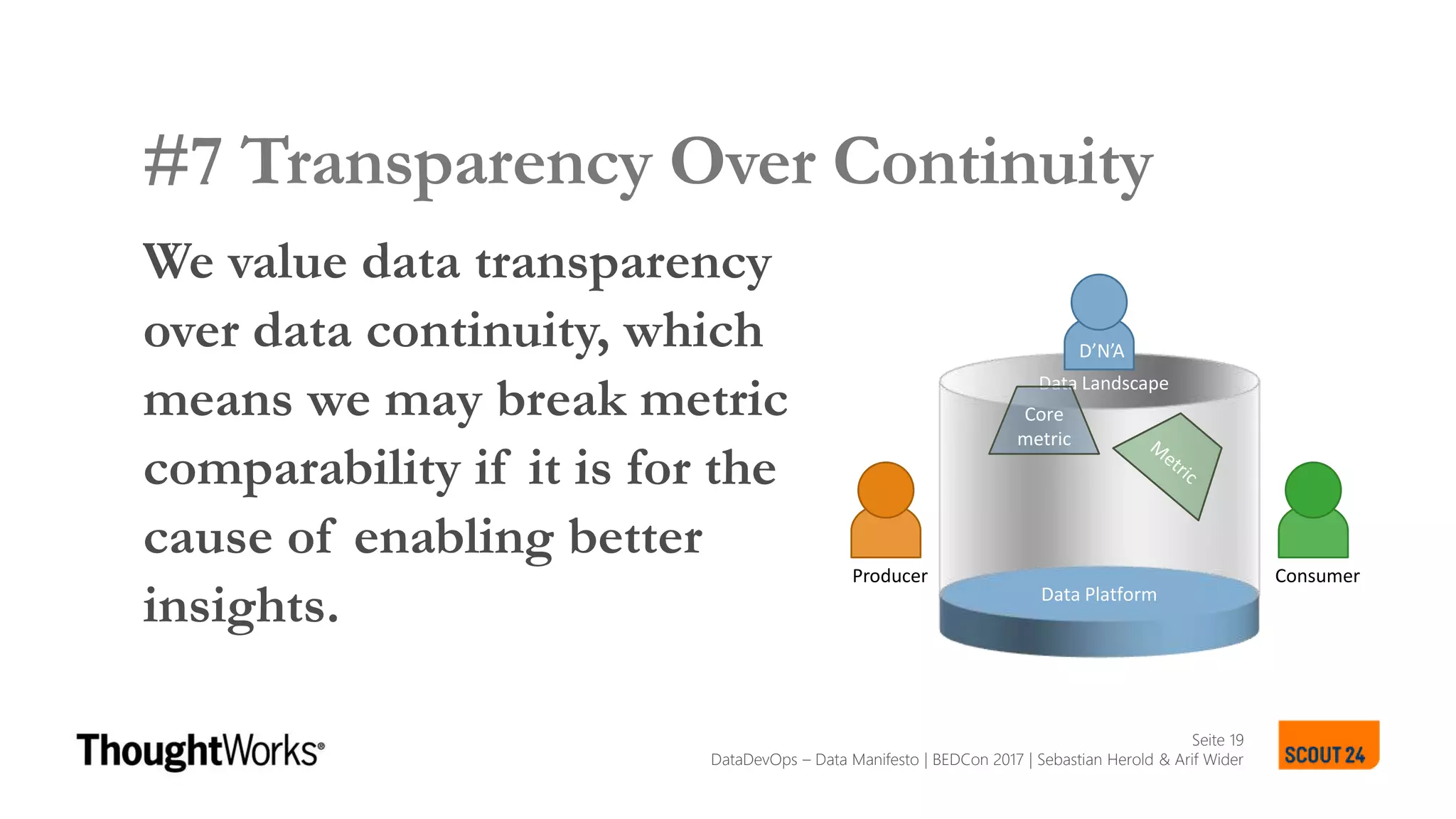 Seite 19
SCOUT24 DATA LANDSCAPE MANIFESTO
#7 Transparency Over Continuity
We value data transparency
over data continuity, which
means we may break metric
comparability if it is for the
cause of enabling better
insights.
SCOUT24 DATA LANDSCAPE MANIFESTO
Data Platform
Producer Consumer
D’N’A
Data Landscape
Core
metric
DataDevOps – Data Manifesto | BEDCon 2017 | Sebastian Herold & Arif Wider
 