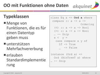 OO mit Funktionen ohne Daten

Typeklassen                      class Eq a => Ord a where
                                  compare :: a -> a ->
 Menge von                                        Ordering
  Funktionen, die es für           (<) :: a -> a -> Bool
                                   (>) :: a -> a -> Bool
  einen Datentyp                   … -- Snip
  geben muss                       x < y =
                                    case compare x y of
 unterstützen                        LT -> True
                                      _ -> False
  Mehrfachvererbung
                                 instance (Ord a) =>
 erlauben                         Ord (BinTreeT a) where
  Standardimplementie            … -- Snip
  rung
Copyright © 2010 – akquinet AG                      08.04.2013   13
 