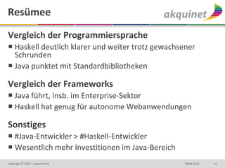 Resümee

Vergleich der Programmiersprache
 Haskell deutlich klarer und weiter trotz gewachsener
  Schrunden
 Java punktet mit Standardbibliotheken

Vergleich der Frameworks
 Java führt, insb. im Enterprise-Sektor
 Haskell hat genug für autonome Webanwendungen

Sonstiges
 #Java-Entwickler > #Haskell-Entwickler
 Wesentlich mehr Investitionen im Java-Bereich
Copyright © 2010 – akquinet AG                     08.04.2013   31
 