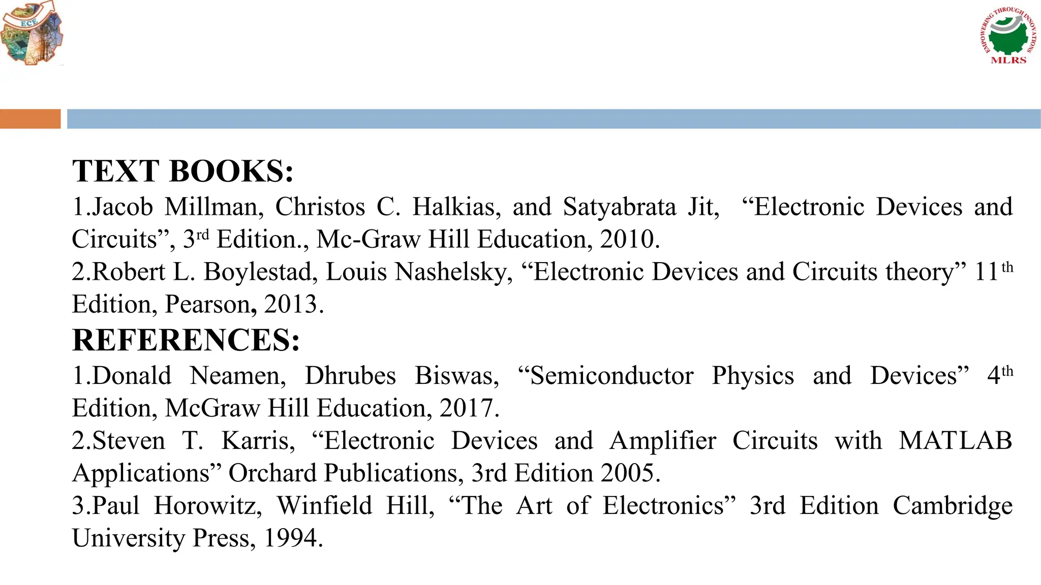 TEXT BOOKS:
1.Jacob Millman, Christos C. Halkias, and Satyabrata Jit, “Electronic Devices and
Circuits”, 3rd
Edition., Mc-Graw Hill Education, 2010.
2.Robert L. Boylestad, Louis Nashelsky, “Electronic Devices and Circuits theory” 11th
Edition, Pearson, 2013.
REFERENCES:
1.Donald Neamen, Dhrubes Biswas, “Semiconductor Physics and Devices” 4th
Edition, McGraw Hill Education, 2017.
2.Steven T. Karris, “Electronic Devices and Amplifier Circuits with MATLAB
Applications” Orchard Publications, 3rd Edition 2005.
3.Paul Horowitz, Winfield Hill, “The Art of Electronics” 3rd Edition Cambridge
University Press, 1994.
 