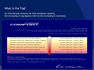 What is the Tog?  An international measure for heat insulation capacity, the increasing in tog degrees refer to the increasing in warmness. 