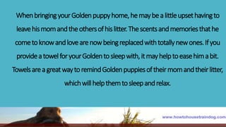 WhenbringingyourGoldenpuppyhome,hemaybealittleupsethavingto
leavehismomandtheothersofhislitter.Thescentsandmemoriesthathe
cometoknowandlovearenowbeingreplacedwithtotallynewones.Ifyou
provideatowelforyourGoldentosleepwith,itmayhelptoeasehimabit.
TowelsareagreatwaytoremindGoldenpuppiesoftheirmomandtheirlitter,
whichwillhelpthemtosleepandrelax.
 