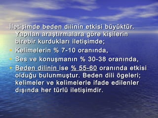 İletişimde beden dilinin etkisi büyüktür.İletişimde beden dilinin etkisi büyüktür.
Yapılan araştırmalara göre kişilerinYapılan araştırmalara göre kişilerin
birebir kurdukları iletişimde;birebir kurdukları iletişimde;
• Kelimelerin % 7-10 oranında,Kelimelerin % 7-10 oranında,
• Ses ve konuşmanın % 30-38 oranında,Ses ve konuşmanın % 30-38 oranında,
• Beden dilininBeden dilinin iseise % 55-60% 55-60 oranında etkisioranında etkisi
olduğu bulunmuştur. Beden dili ögeleri;olduğu bulunmuştur. Beden dili ögeleri;
kelimeler ve kelimelerle ifade edilenlerkelimeler ve kelimelerle ifade edilenler
dışında her türlü iletişimdir.dışında her türlü iletişimdir.
 