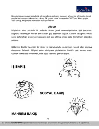 - 11 - 
Bir psikoloğun muayenesinde ilk görüşmelerde psikolog masanın arkasında görüşmüş, ikinci grupta ise masanın arkasından çıkmış. İlk grupta rahat hissedenler %10'ken, ikinci grupta %55 olmuş. Müşteriyle aranızdan masayı çıkartın. 
VÜCUD 
Müşterinin elinin yüzünde bir yerlerde olması genel memnuniyetsizlikle ilgili ipuçlarıdır. Doğruyu söylemeyen müşteri elini saklar, göz bebekleri küçülür. Kolların kavuşmuş olması genel defansifliğin ipucuyken bacakların üst üste atılmış olması satış ihtimalinizin azaldığını gösterir. 
Kilitlenmiş bilekler kaçınılan bir itirafı ve hoşnutsuzluğu gösterirken, kenetli eller olumsuz duyguların ifadesidir. Müşteri yalan söylüyorsa gözbebekleri küçülür, göz teması azalır. Gömlek ve kravatla oynanırken, eller ağıza ve buma gitmeye başlar. 
İŞ BAKIŞI 
SOSYAL BAKIŞ 
MAHREM BAKIŞ Bu doküman, İZGÖREN&AKIN eğitim birimi tarafından hazırlanmıştır. İzin alınmadan alıntı yapılamaz, kullanılamaz ya da çoğaltılamaz. 
 
