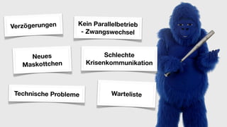 Verzögerungen      Kein Parallelbetrieb
                    - Zwangswechsel


     Neues                   Schlechte
   Maskottchen         Krisenkommunikation



 Technische Probleme          Warteliste
 