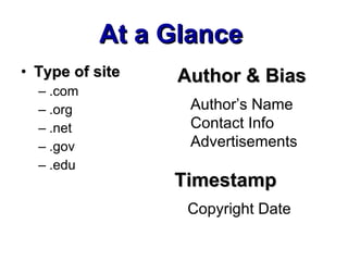 Type of site .com .org .net .gov .edu Author & Bias Author’s Name Contact Info Advertisements   Timestamp Copyright Date   At a Glance 