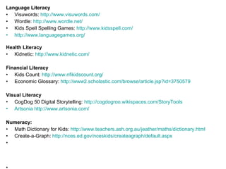 Language Literacy Visuwords:  http://www.visuwords.com/ Wordle:  http://www.wordle.net/ Kids Spell Spelling Games:  http://www.kidsspell.com/ http://www.languagegames.org/ Health Literacy Kidnetic:  http://www.kidnetic.com/ Financial Literacy Kids Count:  http://www.nfikidscount.org/ Economic Glossary:  http://www2.scholastic.com/browse/article.jsp?id=3750579 Visual Literacy CogDog 50 Digital Storytelling:  http://cogdogroo.wikispaces.com/StoryTools Artsonia http://www.artsonia.com/ Numeracy: Math Dictionary for Kids:  http://www.teachers.ash.org.au/jeather/maths/dictionary.html Create-a-Graph:  http://nces.ed.gov/nceskids/createagraph/default.aspx 