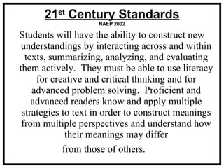 21 st  Century Standards NAEP 2002 Students will have the ability to construct new understandings by interacting across and within texts, summarizing, analyzing, and evaluating them actively.  They must be able to use literacy for creative and critical thinking and for advanced problem solving.  Proficient and advanced readers know and apply multiple strategies to text in order to construct meanings from multiple perspectives and understand how their meanings may differ from those of others.   