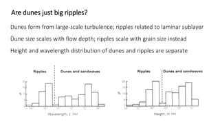 Are dunes just big ripples?
Dunes form from large-scale turbulence; ripples related to laminar sublayer
Dune size scales with flow depth; ripples scale with grain size instead
Height and wavelength distribution of dunes and ripples are separate
 