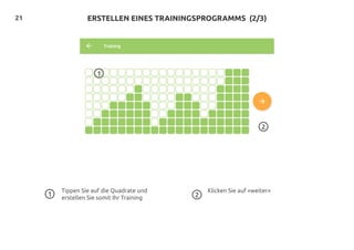 21
Tippen Sie auf die Quadrate und
erstellen Sie somit Ihr Training Klicken Sie auf «weiter»
1
2
ERSTELLEN EINES TRAININGSPROGRAMMS (2/3)
1 2
 