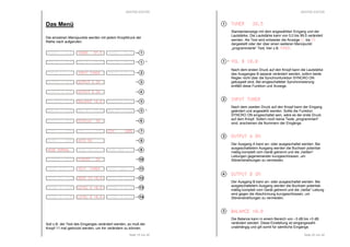 RESTEK EDITOR 
1 
1 
2 
3 
4 
6 
7 
8 
9 
10 
11 
12 
13 
14 
Seite 19 von 40 
Das Menü 
Die einzelnen Menüpunkte werden mit jedem Knopfdruck der 
Reihe nach aufgerufen. 
TUNER 0.0 TUNER 57.5 TUNER 99.5 
VOL B 0.0 VOL B 10.0 VOL B 99.5 * 
INPUT I 1 INPUT TUNER INPUT I 9 
OUTPUT A OFF OUTPUT A ON 
OUTPUT B OFF OUTPUT B ON 
BALANCE -3.0 BALANCE +0.0 BALANCE +3.0 
BAL B –-3.0 BAL B +0.0 BAL B +3.0 * 
DISPLAY OFF DISPLAY ON 
DIM 25% DIM 50% DIM 100% 
AUTO OFF– AUTO ON 
MODE NORMAL MODE SPLIT X MODE REC X 
SYNCRO OFF SYNCRO ON 
TEXT I 1 TEXT TUNER TEXT AUX 
SENS IN –-6.0 SENS IN +0.0 SENS IN +6.0 
LEVEL A–-6.0 LEVEL A +0.0 LEVEL A +6.0 
LEVEL B–-6.0 LEVEL B +0.0 LEVEL B +6.0 
Soll z.B. der Text des Einganges verändert werden, so muß der 
Knopf 11 mal gedrückt werden, um ihn verändern zu können. 
RESTEK EDITOR 
TUNER 38.5 
Standardanzeige mit dem angewählten Eingang und der 
Lautstärke. Die Lautstärke kann von 0,0 bis 99,5 verändert 
werden. Als Text wird entweder die Anzeige I1 bis I9 
dargestellt oder der über einen weiteren Menüpunkt 
„programmierte“ Text, hier z.B. TUNER. 
* VOL B 10.0 
Nach dem ersten Druck auf den Knopf kann die Lautstärke 
des Ausganges B separat verändert werden, sofern beide 
Regler nicht über die Synchronfunktion SYNCRO ON 
gekoppelt sind. Bei eingeschalteter Synchronisierung 
entfällt diese Funktion und Anzeige. 
INPUT TUNER 
Nach dem zweiten Druck auf den Knopf kann der Eingang 
geändert und angewählt werden. Sollte die Funktion 
SYNCRO ON eingeschaltet sein, wäre es der erste Druck 
auf dem Knopf. Sofern noch keine Texte „programmiert“ 
sind, erscheinen die Nummern der Eingänge. 
OUTPUT A ON 
Der Ausgang A kann an- oder ausgeschaltet werden. Bei 
ausgeschaltetem Ausgang werden die Buchsen potential-mäßig 
komplett vom Gerät getrennt und die „heißen“ 
Leitungen gegeneinander kurzgeschlossen, um 
Störeinstrahlungen zu vermeiden. 
OUTPUT B ON 
Der Ausgang B kann an- oder ausgeschaltet werden. Bei 
ausgeschaltetem Ausgang werden die Buchsen potential-mäßig 
komplett vom Gerät getrennt und die „heiße“ Leitung 
wird gegen die Abschirmung kurzgeschlossen, um 
Störeinstrahlungen zu vermeiden. 
BALANCE +0.0 
Die Balance kann in einem Bereich von –3 dB bis +3 dB 
verändert werden. Diese Einstellung ist eingangswahl-unabhängig 
und gilt somit für sämtliche Eingänge. 
Seite 20 von 40 
1 
1 
2 
3 
4 
 