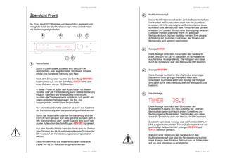 RESTEK EDITOR 
Seite 11 von 40 
Übersicht Front 
Die Front des EDITOR ist klar und übersichtlich gegliedert und 
ermöglicht durch den Multifunktionsknopf umfassende Einstell-und 
Bedienungsmöglichkeiten. 
SPLIT A 
Netzschalter. 
Durch drücken dieses Schalters wird der EDITOR 
elektrisch ein- bzw. ausgeschaltet. Mit diesem Schalter 
erfolgt eine komplette Trennung vom Netz. 
Nach dem Einschalten leuchtet der Schriftzug RESTEK 
kontinuierlich auf, und der Schriftzug EDITOR blinkt über 
einen Zeitraum von ca. 10 Sekunden. 
In dieser Phase ist außer dem Ausschalten mit diesem 
Schalter oder per Fernbedienung keine weitere Bedienung 
möglich. Nachdem alle Arbeitspunkte erreicht sind, 
leuchten alle Displayelemente vollständig auf, gemäß der 
vorein-gestellten Helligkeitswahl. Die Ein- und 
Ausgangsrelais werden dann freigeschaltet. 
Nur wenn dieser Schalter gedrückt ist, kann das Gerät mit 
der Fernbedienung aus- und wieder eingeschaltet werden. 
Durch das Ausschalten über die Fernbedienung wird der 
EDITOR nicht gänzlich vom Netz getrennt, sondern geht in 
den Standby Modus über. Dieser Zustand wird durch das 
dunkle Aufleuchten des Schriftzuges RESTEK signalisiert. 
Aus dem Standby-Modus kann das Gerät über ein Drehen 
oder Drücken des Multifunktionsknopfes oder Drücken der 
ON-Taste auf der Fernbedienung wieder eingeschaltet 
werden. 
Zwischen dem Aus- und Wiedereinschalten sollte eine 
Pause von ca. 30 Sekunden eingehalten werden. 
1 
2 1 
4 3 
6 
RESTEK EDITOR 
AUTO 
OUT A 
SYNCRO 
OUT B SPLIT B 
PEAK 
REC A 
REC B 
PHONO -67.5 
RESTEK EDITOR 
Multifunktionsknopf 
Dieser Multifunktionsknopf ist die zentrale Bedieneinheit am 
Gerät selbst. Im Grundzustand lässt sich die Lautstärke 
einstellen. Mit Hilfe des integrierten Druckkontaktes lassen 
sich durch eine Menüstruktur viele Funktionen des Gerätes 
einstellen und steuern. Ähnlich einer Bestätigungs-taste am 
Computer müssen geänderte Werte im jeweiligen 
Menüpunkt durch Drücken bestätigt werden. Eine genaue 
Aufstellung der möglichen Funktionen, der Struktur und 
Menüpunkte wird getrennt beschrieben. 
Anzeige EDITOR 
Diese Anzeige blinkt beim Einschalten des Gerätes für 
einen Zeitraum von ca. 10 Sekunden. Im Normalbetrieb 
leuchtet diese Anzeige ständig. Die Helligkeit wird dabei 
durch die Einstellung über den Menüpunkt DIM bestimmt. 
Anzeige RESTEK 
Diese Anzeige leuchtet im Standby Modus als einziges 
Element mit einer geringen Helligkeit. Nach dem 
Einschalten leuchtet es sofort und ständig. Die Helligkeit 
wird dabei durch die Einstellung über den Menüpunkt DIM 
bestimmt. 
Seite 12 von 40 
Hauptanzeige 
TUNER 38.5 
Diese Anzeige stellt nach dem Einschalten den 
angewählten Eingang und die Lautstärke dar. Über ein 
Menüsystem lassen sich auch andere Einstellung und 
Bedienungseingriffe darstellen. Die Helligkeit wird dabei 
durch die Einstellung über den Menüpunkt DIM bestimmt. 
Zusätzlich kann diese Anzeige über die Funktion DISPLAY 
OFF ausgeschaltet werden. Dieser Zustand wird durch das 
gleichzeitige Aufleuchten der Anzeigen RESTEK und 
EDITOR kenntlich gemacht. 
Während einer Bedienung des Gerätes durch den 
Multifunktionsknopf oder über die Fernbedienung leuchtet 
diese Anzeige dann für einen Zeitraum von ca. 5 Sekunden 
auf, um eine Interaktion zu ermöglichen. 
2 
3 
4 
 