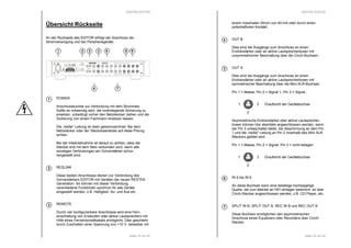 RESTEK EDITOR 
SPLIT OUT B SPLIT IN B SPLIT OUT A SPLIT IN A 
RESL INK RESTEK EDITOR 
IN 9 IN 8 IN 7 IN 6 IN 5 IN 4 IN 3 IN 2 IN 1 
Seite 15 von 40 
Übersicht Rückseite 
An der Rückseite des EDITOR erfolgt der Anschluss der 
Stromversorgung und der Peripheriegeräte. 
1 2 3 6 
Ser.-Nr. 
fehlt ! 
230 VAC 
50/60 Hz 
CAUTION 
DO NOT OPEN 
RISK OF ELECTRIC SHOCK 
POWER 
Anschlussbuchse zur Verbindung mit dem Stromnetz. 
Sollte es notwendig sein, die innenliegende Sicherung zu 
ersetzen, unbedingt vorher den Netzstecker ziehen und die 
Sicherung von einem Fachmann ersetzen lassen. 
Die „heiße“ Leitung ist oben gekennzeichnet. Bei dem 
Netzstecker oder der Steckdosenleiste auf diese Polung 
achten. 
Bei der Inbetriebnahme ist darauf zu achten, dass der 
Stecker erst mit dem Netz verbunden wird, wenn alle 
sonstigen Verbindungen am Vorverstärker schon 
hergestellt sind. 
RESLINK 
Diese beiden Anschlüsse dienen zur Verbindung des 
Vorverstärkers EDITOR mit Geräten der neuen RESTEK 
Generation. So können mit dieser Verbindung 
verschiedene Funktionen synchron für alle Geräte 
eingestellt werden, z.B. Helligkeit, An- und Aus etc. 
REMOTE 
Durch vier konfigurierbare Anschlüsse wird eine Fern-einschaltung 
von Endstufen oder aktive Lautsprechern mit 
Hilfe eines Ferneinschaltkabels ermöglicht. Dies geschieht 
durch Zuschalten einer Spannung von +10 V, belastbar mit 
1 
4 7 
8 9 
2 
3 
RISK OF ELECTRIC SHOCK 
REC OUT B REC IN B REC OUT A REC IN A 
L 
R 
RESL INK REMOTE OUT B OUT A 
HANDMADE IN KASSEL - GERMANY 
RESTEK EDITOR 
einem maximalen Strom von 40 mA oder durch einen 
potentialfreien Kontakt. 
OUT B 
Dies sind die Ausgänge zum Anschluss an einen 
Endverstärker oder an aktive Lautsprecherboxen mit 
unsymmetrischer Beschaltung über die Cinch-Buchsen. 
OUT A 
Dies sind die Ausgänge zum Anschluss an einen 
Endverstärker oder an aktive Lautsprecherboxen mit 
symmetrischer Beschaltung über die Mini-XLR-Buchsen. 
Pin 1 = Masse, Pin 2 = Signal +, Pin 3 = Signal - 
1 3 Draufsicht der Gerätebuchse 
Seite 16 von 40 
2 
Asymmetrische Endverstärker oder aktive Lautsprecher-boxen 
können hier ebenfalls angeschlossen werden, wenn 
der Pin 3 unbeschaltet bleibt, die Abschirmung an dem Pin 
1 und die „heiße“ Leitung an Pin 2 innerhalb des Mini XLR 
Steckers gelötet wird. 
Pin 1 = Masse, Pin 2 = Signal, Pin 3 = nicht belegen 
1 3 Draufsicht der Gerätebuchse 
2 
IN 5 bis IN 9 
An diese Buchsen kann eine beliebige hochpegelige 
Quelle, die zum Betrieb an HiFi-Anlagen bestimmt, ist über 
Cinch-Stecker angeschlossen werden, z.B. CD Player, etc. 
SPLIT IN B, SPLIT OUT B, REC IN B und REC OUT B 
Diese Buchsen ermöglichen den asymmetrischen 
Anschluss eines Equalizers oder Recorders über Cinch- 
Stecker. 
4 
6 
7 
 