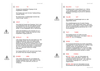 RESTEK MINT 
DDDDIIIISSSSCCCC 77778888 
Anzeige des angewählten Eingangs mit der 
eingestellten Lautstärke. 
Der Eingang kann auch mit einer Textbeschriftung 
versehen werden. 
Bei deaktiviertem Lautstärkeregler erscheint das 
„stamp through“ Symbol >>>>>>>>. 
IIIINNNNPPPPUUUUTTTT 3333 
Hier erfolgt die Auswahl des Einganges. Durch Links-und 
Rechtsdrehen kann der Wert geändert werden. 
Abschließend muss der Knopf abermals gedrückt 
werden, um den eingestellten Wert zu übernehmen. 
Sollte diese Bestätigung nicht innerhalb von ca. 5 
Sekunden erfolgen, schaltet das Gerät den vorher 
eingestellten Eingang wieder ein. 
DDDDIIIISSSSPPPPLLLLAAAAYYYY OOOONNNN 
Unter diesem Menüpunkt kann das Display aus- oder 
eingeschaltet werden. Wenn das Display ausge-schaltet 
ist, führt jede Bedienung des Gerätes am 
Multifunktionsknopf oder der Fernbedienung zu einem 
erneuten Aufleuchten des Displays um eine Kontrolle 
der neuen Funktionseinstellungen zu gewährleisten. 
Nach ca. 5 Sekunden erlischt die Anzeige 
automatisch. 
Der Zustand DISPLAY OFF wird durch einen Punkt . 
am rechten Rand des Displays angezeigt. 
DIIIIMMMMMMMMEEEERRRR 111100000000%%%% 
Unter diesem Menüpunkt kann die Helligkeit der 
Anzeige eingestellt werden. Dafür stehen die volle 
Helligkeit von 100% sowie 50% und 25% zur 
Verfügung. 
Seite 19 von 29 
1 
2 
3 
4 
RESTEK MINT 
BBBBAAAALLLLAAAANNNNCCCCEEEE -1111....0000 
Die Balance kann in einem Bereich von –3 dB bis 
+3 dB verändert werden. Diese Einstellung ist ein-gangswahlunabhängig 
und gilt somit für sämtliche 
Seite 20 von 29 
Eingänge. 
VVVVOOOOLLLLUUUUMMMMEEEE OOOOFFFFFFFF 
Der eingebaute Lautstärkeregler kann an- oder 
abgeschaltet werden. 
Die Lautstärkeregelung kann für jeden Eingang 
individuell an- oder ausgeschaltet werden, damit sind 
dann auch Einschleifungen in andere Systeme möglich 
die die Lautstärkeregelung übernehmen wie z. B. ein 
Surrounddecoder. 
TTTTEEEEXXXXTTTT TTTTUUUUNNNNEEEERRRR 
Die Eingänge können mit Texten aus einer 
Vorschlagsliste belegt werden, hier stehen TTTTUUUUNNNNEEEERRRR, CCCCDDDD, 
PPPPHHHHOOOONNNNOOOO, AAAAUUUUXXXX, etc. zur Verfügung. 
SSSSEEEENNNNSSSSEEEE ++++3333....0000 
Die Eingangsempfindlichkeit des jeweils angewählten 
Einganges kann in einem Bereich von –6 dB bis +6 dB 
verändert werden. Bei Signalquellen mit ver-schiedenen 
Ausgangspegeln kann hiermit ein Pegel-ausgleich 
durchgeführt werden, um beim Umschalten 
keine Lautstärkeunterschiede auftreten zu lassen. 
MMMMOOOODDDDEEEE SSSSTTTTEEEERRRREEEEOOOO 
Mit MMMMOOOODDDDEEEE SSSSTTTTEEEERRRREEEEOOOO wird der Vollverstärker als 
„normaler„ Stereovollverstärker betrieben. Die 
Lautsprecher werden dazu an die + und – Klemmen 
des jeweiligen Ausganges OUT L und OUT R 
angeschlossen. 
Mit MMMMOOOODDDDEEEE MMMMOOOONNNNOOOO kann der Vollverstärker als dual 
Monoendstufe oder als gebrückte Monoendstufe 
6 
7 
8 
9 
 