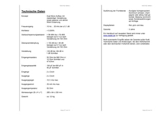 RESTEK MRIA+ 
Technische Daten 
Konzept : Dual Mono Aufbau mit 
zweistufiger Verstärkung 
sowie passiver und aktiver 
RIAA Entzerrung 
Frequenzgang : 10 Hz ... 20 kHz bei ± 0,1 dB 
Klirrfaktor : < 0,005% 
Geräuschspannungsabstand : > 99 dBA bis > 76 dBA 
bezogen auf 2 V je nach 
Verstärkung mit 100 Ohm 
Übersprechdämpfung : > 103 dB bis > 90 dB 
bezogen auf 2 V je nach 
Verstärkung mit 100 Ohm 
Verstärkung : +32 dB bis +64 dB in 
Seite 27 von 31 
1 dB Schritten 
Eingangsimpedanz : 50 Ohm bis 680 Ohm in 
10 Ohm Schritten und 
47 kOhm 
Eingangskapazität : 100 pF bis 600 pF in 
50 pF Schritten 
Eingänge : 2 x Cinch 
Ausgänge : 2 x Cinch 
Ausgangspegel : 10 V rms max. 
Ausgangsstrom : 35 mA rms max. 
Ausgangsimpedanz : 50 Ohm 
Abmessungen (B x H x T) : 285 x 64 x 330 mm 
Gewicht : ca. 3,0 kg 
RESTEK MRIA+ 
Ausführung der Frontblende : Acrylglas hochglanzpoliert, 
Aluminium schwarz, cham-pagner 
oder silbrig matt ge-bürstet, 
Messing verchromt 
sowie Sonderausführungen 
auf Anfrage. 
Displayfarben : Rot, grün und blau 
Seite 28 von 31 
Garantie : 3 Jahre 
Ein Handbuch auf neuestem Stand wird immer unter 
www.restek.de zur Verfügung gestellt. 
Nicht autorisierte Eingriffe setzen die Garantie außer Kraft. 
Technische Daten und Änderungen, die dem Hörfortschritt 
oder dem technischen Fortschritt dienen, sind vorbehalten. 
 