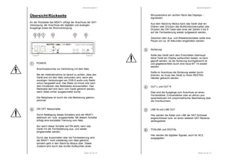 RESTEK MSAT+ 
HANDMADE IN GERMANY DE 63702507 
Seite 15 von 37 
Übersicht Rückseite 
An der Rückseite des MSAT+ erfolgt der Anschluss der SAT-Versorgung, 
der Anschluss der digitalen und analogen 
Ausgänge sowie die Stromversorgung. 
2 3 1 
POWER 
Anschlussbuchse zur Verbindung mit dem Netz. 
Bei der Inbetriebnahme ist darauf zu achten, dass das 
Gerät erst mit dem Netz verbunden wird, wenn alle 
sonstigen Verbindungen am DVB-S audio only Radio 
schon hergestellt sind. Das Radio ist immer erst nach 
dem Einstecken des Netzkabels einzuschalten. Das 
Netzkabel darf erst dann vom Gerät getrennt werden, 
wenn diese vorher ausgeschaltet wurde. 
Die Netzphase ist durch die rote Markierung gekenn-zeichnet. 
ON OFF Netzschalter 
Durch Betätigung dieses Schalters wird der MSAT+ 
elektrisch ein- bzw. ausgeschaltet. Mit diesem Schalter 
erfolgt eine komplette Trennung vom Netz. 
Nur wenn dieser Schalter auf ON steht, kann das 
Gerät mit der Fernbedienung aus- und wieder 
eingeschaltet werden. 
Durch das Ausschalten über die Fernbedienung wird 
der MSAT+ nicht vollständig vom Netz getrennt, 
sondern geht in den Stand-by Modus über. Dieser 
Zustand wird durch das dunkle Aufleuchten eines 
1 
2 
4 6 
LNBIN DIGITAL 
RESTEK 
TOSLINK 
L 
OUT 
R 
POWER MT 1A LNBOUT 
RESTEK MSAT+ 
Minuszeichens am rechten Rand des Displays - 
signalisiert. 
Aus dem Stand-by Modus kann das Gerät über ein 
Drehen oder Drücken des Multifunktionsknopfes oder 
Drücken der ON-Taste oder einer der Zahlen 0 bis 9 
auf der Fernbedienung wieder aufgeweckt werden. 
Zwischen dem Aus- und Wiedereinschalten sollte eine 
Pause von ca. 30 Sekunden eingehalten werden. 
Seite 16 von 37 
Sicherung 
Sollte das Gerät nach dem Einschalten überhaupt 
keine Texte am Display aufleuchten lassen, so kann 
geprüft werden, ob die Sicherung durchgebrannt ist 
und gegebenenfalls durch eine neue MT 1A ersetzt 
werden. 
Sollte im Anschluss die Sicherung wieder durch-brennen, 
so muss das Gerät zu Ihrem RESTEK-Händler 
gebracht werden. 
OUT L und OUT R 
Dies sind die Ausgänge zum Anschluss an einen 
Vorverstärker, Endverstärker oder an aktive Laut-sprecherboxen 
mit unsymmetrischer Beschaltung über 
die Cinchbuchsen. 
LNB IN und LNB OUT 
Hier werden die Kabel vom LNB der SAT-Schüssel 
angeschlossen bzw. an einen weiteren SAT-Receiver 
weitergeleitet. 
TOSLINK und DIGITAL 
Hier werden die digitalen Signale, auch für AC3, 
ausgegeben. 
3 
4 
6 
 