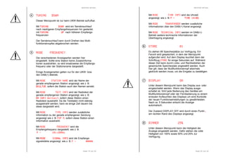 RESTEK MTUN+ 
TTTTUUUUNNNNIIIINNNNGGGG DDDDOOOOWWWWNNNN 
Dieser Menüpunkt ist nur beim UKW-Betrieb aufrufbar. 
Mit TTTTUUUUNNNNIIIINNNNGGGG DDDDOOOOWWWWNNNN wird ein Sendersuchlauf 
nach niedrigeren Empfangsfrequenzen hin gestartet, 
mit TTTTUUUUNNNNIIIINNNNGGGG UUUUPPPP nach höheren Empfangs-frequenzen. 
Der Sendersuchlauf kann durch Drehen des Multi-funktionsknopfes 
Seite 19 von 32 
abgebrochen werden. 
MMMMOOOODDDDEEEE FFFFRRRREEEEQQQQUUUUEEEENNNNCCCCYYYY 
Die verschiedenen Anzeigearten werden hier 
eingestellt. Sollte eine Station keine Zusatzinforma-tionen 
ausstrahlen, so wird ersatzweise die Empfangs-frequenz 
oder der Stationsname dargestellt. 
Einige Anzeigenarten gelten nur für den UKW- bzw. 
den DAB(+)-Betrieb. 
Mit MMMMOOOODDDDEEEE SSSSTTTTAAAATTTTIIIIOOOONNNN NNNNAAAAMMMMEEEE wird der Name der 
gerade empfangenen Station angezeigt, wie z. B. 
DDDDKKKKUUUULLLLTTTTUUUURRRR, sofern die Station auch den Namen sendet. 
Mit MMMMOOOODDDDEEEE TTTTEEEEXXXXTTTT IIIINNNNFFFFOOOO wird der Radiotext der 
gerade empfangenen Station angezeigt, wie z. B. 
******** SSSSWWWWRRRR3333 WWWWeeeellllttttwwwweeeeiiiitttt, sofern diese Station einen 
Radiotext ausstrahlt. Da die Textdaten nicht ständig 
ausgestrahlt werden, kann es einige Zeit dauern bis 
diese dargestellt wird. 
Mit MMMMOOOODDDDEEEE TTTTYYYYPPPPEEEE IIIINNNNFFFFOOOO werden zusätzliche 
Information zu der gerade empfangenen Sendung 
angezeigt wie z. B. PPPPOOOOPPPP MMMM, sofern diese Station einen 
Information ausstrahlt. 
Mit MMMMOOOODDDDEEEE FFFFRRRREEEEQQQQUUUUEEEENNNNCCCCYYYY wird die 
Empfangsfrequenz dargestellt, wie z. B. 
P - 111100001111,,,,22220000MMMMHHHHzzzz. 
Mit MMMMOOOODDDDEEEE SSSSIIIIGGGGNNNNAAAALLLL IIIINNNNFFFFOOOO wird die Empfangs-signalstärke 
angezeigt, wie z. B. P - ********************. 
4 
RESTEK MTUN+ 
Mit MMMMOOOODDDDEEEE TTTTIIIIMMMMEEEE IIIINNNNFFFFOOOO wird die Uhrzeit 
angezeigt, wie z. B. P - TTTTIIIIMMMMEEEE 11114444::::00008888. 
Mit MMMMOOOODDDDEEEE TTTTRRRRAAAANNNNSSSSPPPPOOOONNNNDDDDEEEERRRR werden zusätzliche 
Informationen über den DAB(+) Kanal angezeigt. 
Mit MMMMOOOODDDDEEEE TTTTEEEECCCCHHHHNNNNIIIICCCCAAAALLLL IIIINNNNFFFFOOOO werden im DAB(+)- 
Betrieb weitere technische Informationen der 
Übertragung angezeigt. 
SSSSTTTTOOOORRRREEEE 00001111 
Es stehen 99 Speicherplätze zur Verfügung. Ein 
Favorit wird gespeichert, in dem der Menüpunkt 
aufgerufen wird. Auf dem Display leuchtet dann der 
Schriftzug SSSSTTTTOOOORRRREEEE für einige Sekunden auf. Während 
dieser Zeit kann durch Links- und Rechtsdrehen der 
gewünschte Speicherplatz angewählt werden. Auch 
hier gilt, dass der Multifunktionsknopf abermals 
gedrückt werden muss, um die Eingabe zu bestätigen. 
DDDDIIIISSSSPPPPLLLLAAAAYYYY OOOONNNN 
Unter diesem Menüpunkt kann das Display aus- oder 
eingeschaltet werden. Wenn das Display ausge-schaltet 
ist, führt jede Bedienung des Gerätes am 
Multifunktionsknopf oder der Fernbedienung zu einem 
erneuten Aufleuchten des Displays um eine Kontrolle 
der neuen Funktionseinstellungen zu gewährleisten. 
Nach ca. 5 Sekunden erlischt die Anzeige 
automatisch. 
Der Zustand DISPLAY OFF wird durch einen Punkt . 
am rechten Rand des Displays angezeigt. 
DDDDIIIIMMMMMMMMEEEERRRR 22225555%%%% 
Unter diesem Menüpunkt kann die Helligkeit der 
Anzeige eingestellt werden. Dafür stehen die volle 
Helligkeit von 100% sowie 50% und 25% zur 
Verfügung. 
Seite 20 von 32 
6 
7 
8 
 