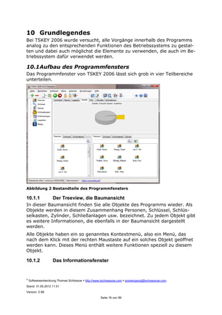 ©
Softwareentwicklung Thomas Schössow http://www.tschoessow.com posteingang@tschoessow.com
Stand: 31.05.2012 11:51
Version: 0.98
Seite 16 von 99
10 Grundlegendes
Bei TSKEY 2006 wurde versucht, alle Vorgänge innerhalb des Programms
analog zu den entsprechenden Funktionen des Betriebssystems zu gestal-
ten und dabei auch möglichst die Elemente zu verwenden, die auch im Be-
triebssystem dafür verwendet werden.
10.1Aufbau des Programmfensters
Das Programmfenster von TSKEY 2006 lässt sich grob in vier Teilbereiche
unterteilen.
Abbildung 2 Bestandteile des Programmfensters
10.1.1 Der Treeview, die Baumansicht
In dieser Baumansicht finden Sie alle Objekte des Programms wieder. Als
Objekte werden in diesem Zusammenhang Personen, Schlüssel, Schlüs-
selkasten, Zylinder, Schließanlagen usw. bezeichnet. Zu jedem Objekt gibt
es weitere Informationen, die ebenfalls in der Baumansicht dargestellt
werden.
Alle Objekte haben ein so genanntes Kontextmenü, also ein Menü, das
nach dem Klick mit der rechten Maustaste auf ein solches Objekt geöffnet
werden kann. Dieses Menü enthält weitere Funktionen speziell zu diesem
Objekt.
10.1.2 Das Informationsfenster
 