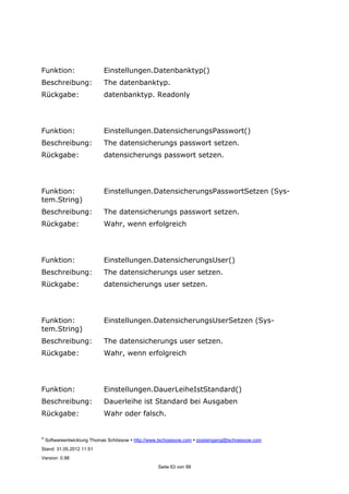 ©
Softwareentwicklung Thomas Schössow http://www.tschoessow.com posteingang@tschoessow.com
Stand: 31.05.2012 11:51
Version: 0.98
Seite 63 von 99
Funktion: Einstellungen.Datenbanktyp()
Beschreibung: The datenbanktyp.
Rückgabe: datenbanktyp. Readonly
Funktion: Einstellungen.DatensicherungsPasswort()
Beschreibung: The datensicherungs passwort setzen.
Rückgabe: datensicherungs passwort setzen.
Funktion: Einstellungen.DatensicherungsPasswortSetzen (Sys-
tem.String)
Beschreibung: The datensicherungs passwort setzen.
Rückgabe: Wahr, wenn erfolgreich
Funktion: Einstellungen.DatensicherungsUser()
Beschreibung: The datensicherungs user setzen.
Rückgabe: datensicherungs user setzen.
Funktion: Einstellungen.DatensicherungsUserSetzen (Sys-
tem.String)
Beschreibung: The datensicherungs user setzen.
Rückgabe: Wahr, wenn erfolgreich
Funktion: Einstellungen.DauerLeiheIstStandard()
Beschreibung: Dauerleihe ist Standard bei Ausgaben
Rückgabe: Wahr oder falsch.
 