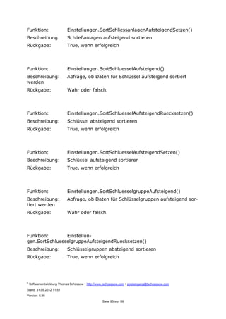 ©
Softwareentwicklung Thomas Schössow http://www.tschoessow.com posteingang@tschoessow.com
Stand: 31.05.2012 11:51
Version: 0.98
Seite 85 von 99
Funktion: Einstellungen.SortSchliessanlagenAufsteigendSetzen()
Beschreibung: Schließanlagen aufsteigend sortieren
Rückgabe: True, wenn erfolgreich
Funktion: Einstellungen.SortSchluesselAufsteigend()
Beschreibung: Abfrage, ob Daten für Schlüssel aufsteigend sortiert
werden
Rückgabe: Wahr oder falsch.
Funktion: Einstellungen.SortSchluesselAufsteigendRuecksetzen()
Beschreibung: Schlüssel absteigend sortieren
Rückgabe: True, wenn erfolgreich
Funktion: Einstellungen.SortSchluesselAufsteigendSetzen()
Beschreibung: Schlüssel aufsteigend sortieren
Rückgabe: True, wenn erfolgreich
Funktion: Einstellungen.SortSchluesselgruppeAufsteigend()
Beschreibung: Abfrage, ob Daten für Schlüsselgruppen aufsteigend sor-
tiert werden
Rückgabe: Wahr oder falsch.
Funktion: Einstellun-
gen.SortSchluesselgruppeAufsteigendRuecksetzen()
Beschreibung: Schlüsselgruppen absteigend sortieren
Rückgabe: True, wenn erfolgreich
 