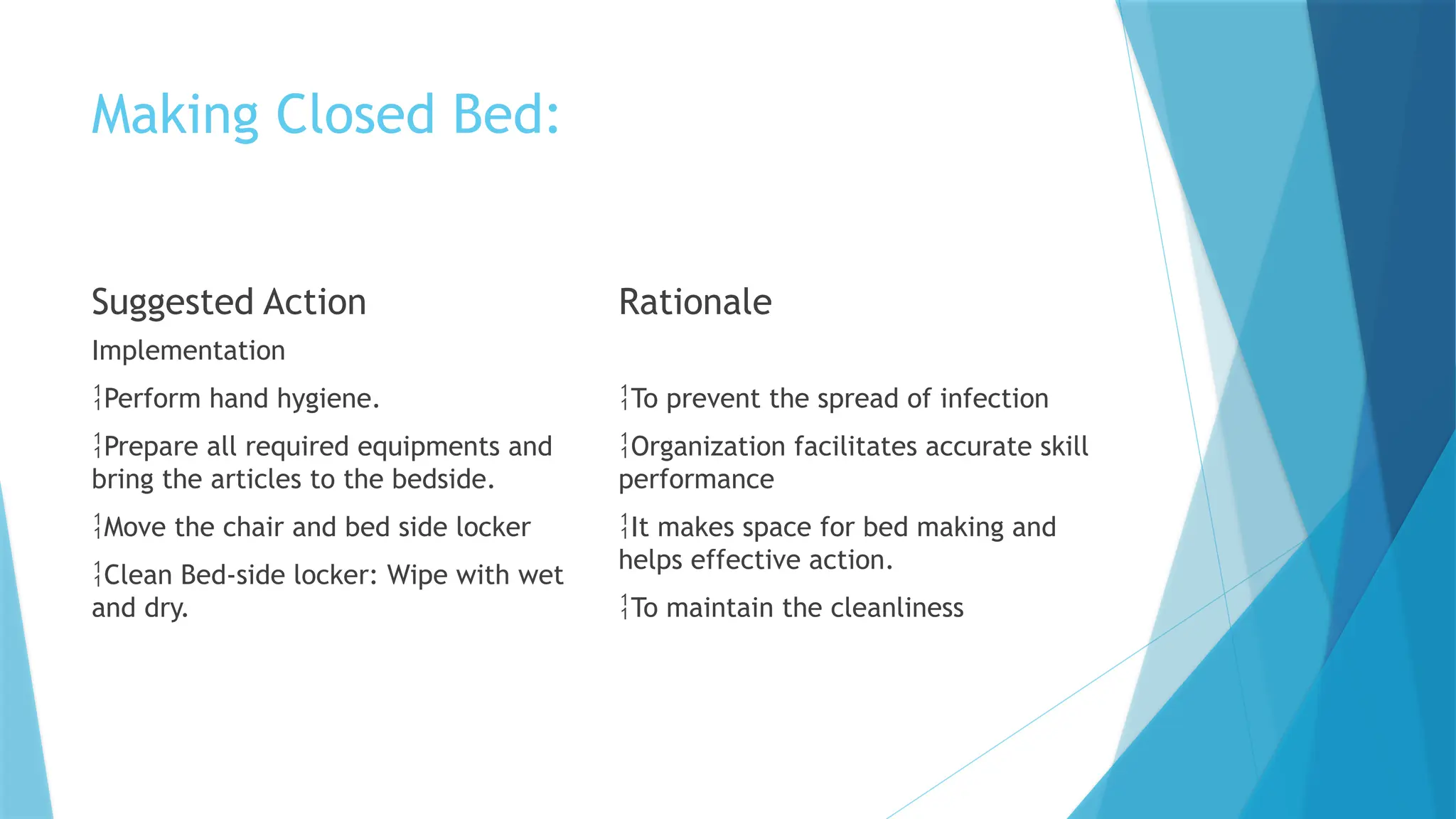 Making Closed Bed:
Suggested Action
Implementation
Perform hand hygiene.
Prepare all required equipments and
bring the articles to the bedside.
Move the chair and bed side locker
Clean Bed-side locker: Wipe with wet
and dry.
Rationale
To prevent the spread of infection
Organization facilitates accurate skill
performance
It makes space for bed making and
helps effective action.
To maintain the cleanliness
 