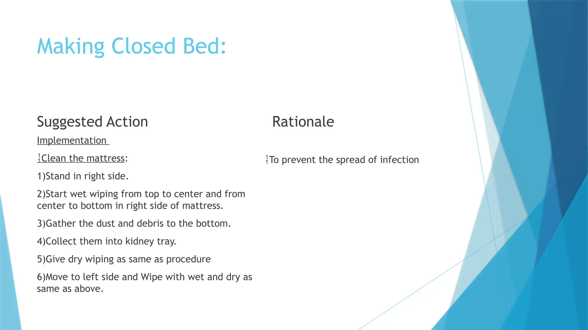 Making Closed Bed:
Suggested Action
Implementation
Clean the mattress:
1)Stand in right side.
2)Start wet wiping from top to center and from
center to bottom in right side of mattress.
3)Gather the dust and debris to the bottom.
4)Collect them into kidney tray.
5)Give dry wiping as same as procedure
6)Move to left side and Wipe with wet and dry as
same as above.
Rationale
To prevent the spread of infection
 
