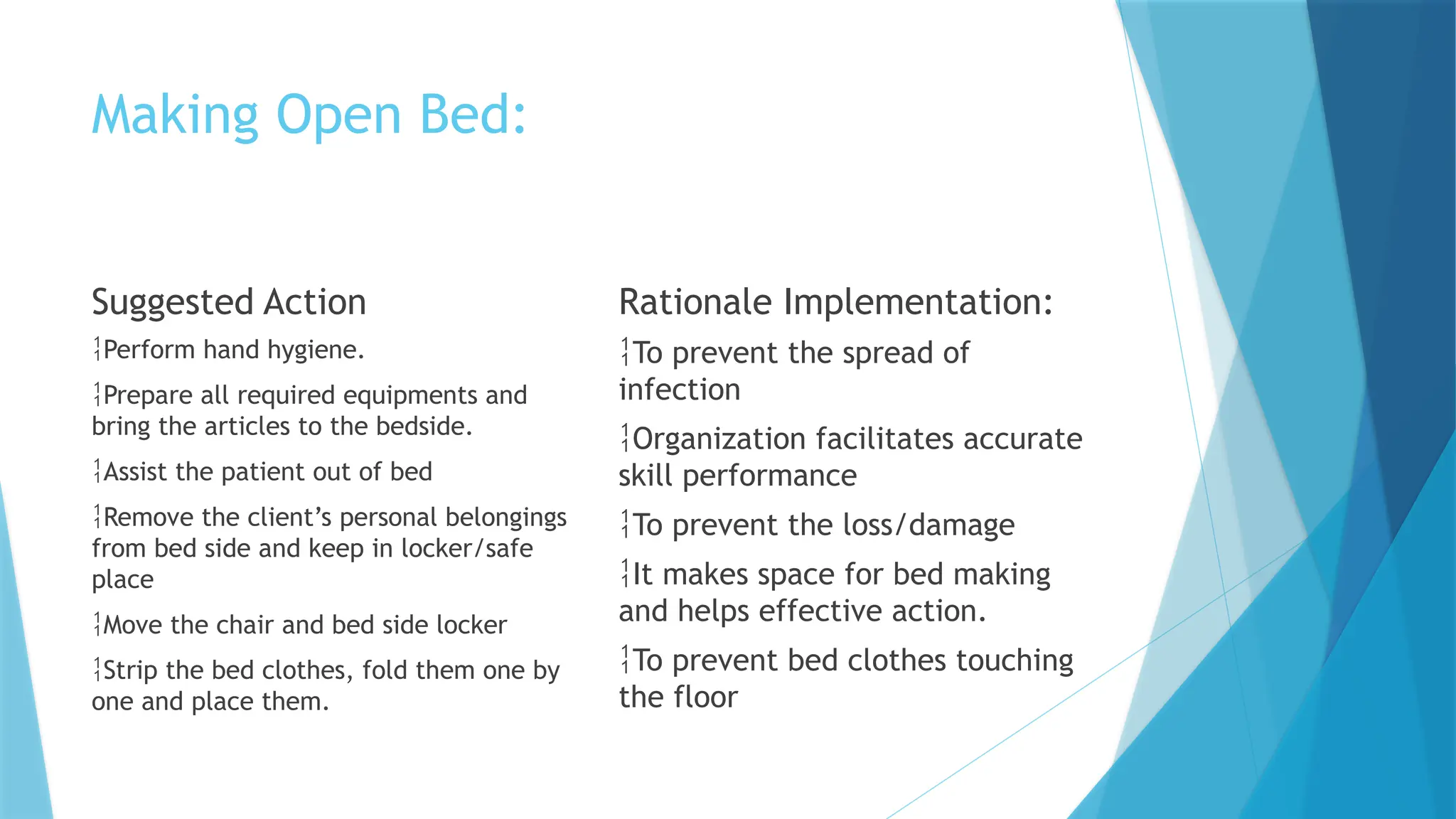 Making Open Bed:
Suggested Action
Perform hand hygiene.
Prepare all required equipments and
bring the articles to the bedside.
Assist the patient out of bed
Remove the client’s personal belongings
from bed side and keep in locker/safe
place
Move the chair and bed side locker
Strip the bed clothes, fold them one by
one and place them.
Rationale Implementation:
To prevent the spread of
infection
Organization facilitates accurate
skill performance
To prevent the loss/damage
It makes space for bed making
and helps effective action.
To prevent bed clothes touching
the floor
 