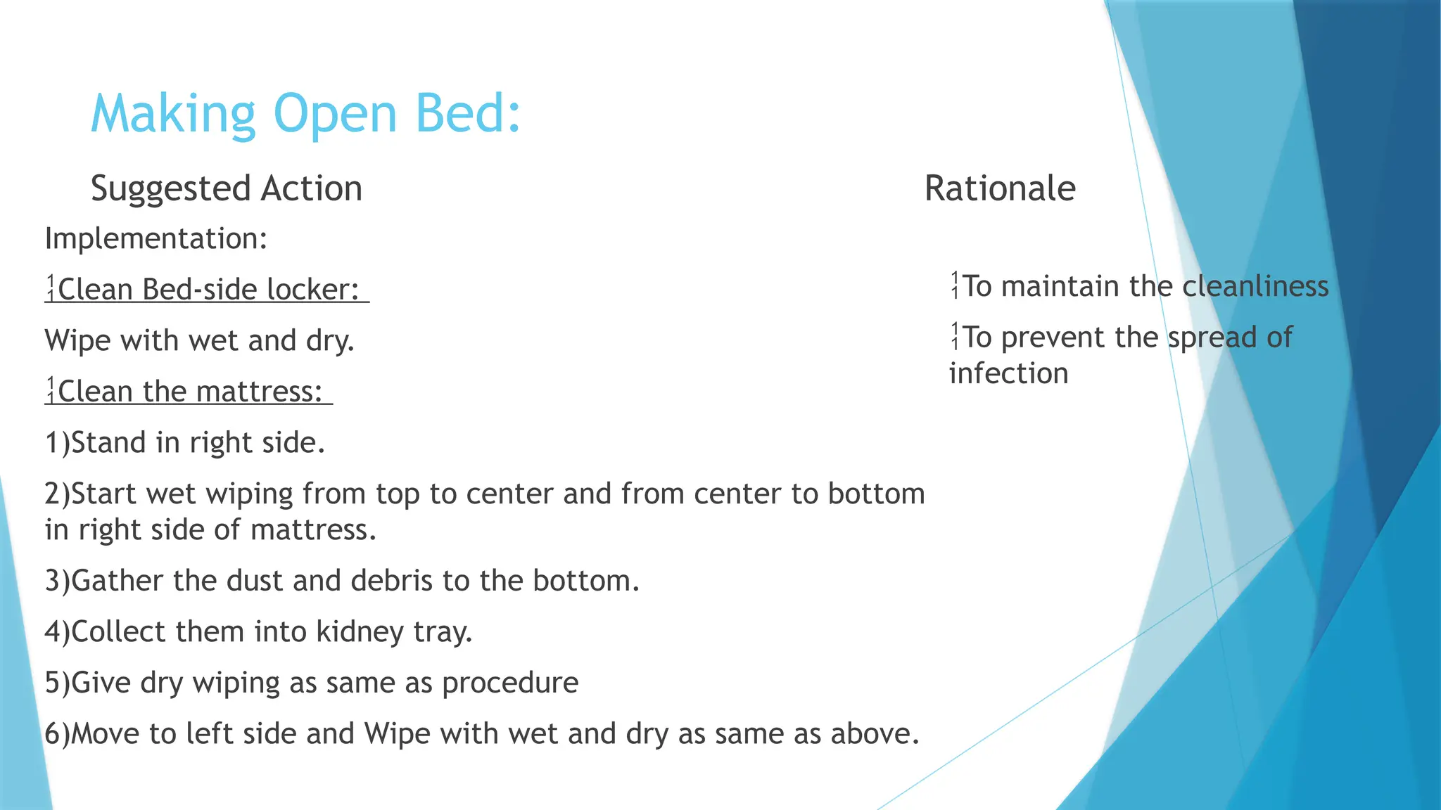 Making Open Bed:
Suggested Action
Implementation:
Clean Bed-side locker:
Wipe with wet and dry.
Clean the mattress:
1)Stand in right side.
2)Start wet wiping from top to center and from center to bottom
in right side of mattress.
3)Gather the dust and debris to the bottom.
4)Collect them into kidney tray.
5)Give dry wiping as same as procedure
6)Move to left side and Wipe with wet and dry as same as above.
Rationale
To maintain the cleanliness
To prevent the spread of
infection
 