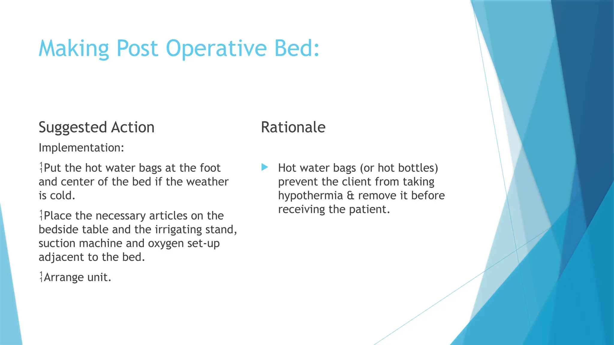 Making Post Operative Bed:
Suggested Action
Implementation:
Put the hot water bags at the foot
and center of the bed if the weather
is cold.
Place the necessary articles on the
bedside table and the irrigating stand,
suction machine and oxygen set-up
adjacent to the bed.
Arrange unit.
Rationale
 Hot water bags (or hot bottles)
prevent the client from taking
hypothermia & remove it before
receiving the patient.
 