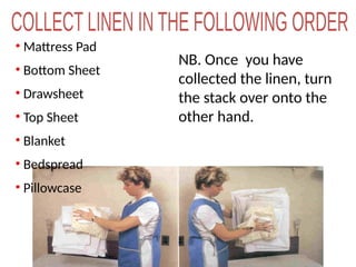 • Mattress Pad
• Bottom Sheet
• Drawsheet
• Top Sheet
• Blanket
• Bedspread
• Pillowcase
NB. Once you have
collected the linen, turn
the stack over onto the
other hand.
 