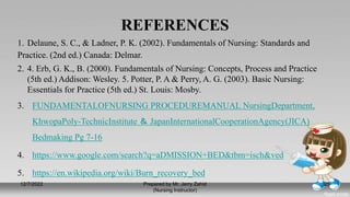 REFERENCES
1. Delaune, S. C., & Ladner, P. K. (2002). Fundamentals of Nursing: Standards and
Practice. (2nd ed.) Canada: Delmar.
2. 4. Erb, G. K., B. (2000). Fundamentals of Nursing: Concepts, Process and Practice
(5th ed.) Addison: Wesley. 5. Potter, P. A & Perry, A. G. (2003). Basic Nursing:
Essentials for Practice (5th ed.) St. Louis: Mosby.
3. FUNDAMENTALOFNURSING PROCEDUREMANUAL NursingDepartment,
KhwopaPoly-TechnicInstitute ＆ JapanInternationalCooperationAgency(JICA)
Bedmaking Pg 7-16
4. https://www.google.com/search?q=aDMISSION+BED&tbm=isch&ved
5. https://en.wikipedia.org/wiki/Burn_recovery_bed
12/7/2022 Prepared by Mr. Jerry Zahid
(Nursing Instructor)
25
 
