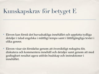 Kunskapskrav för betyget E


✤   Eleven kan förstå det huvudsakliga innehållet och uppfatta tydliga
    detaljer i talad engelska i måttligt tempo samt i lättillgängliga texter i
    olika genrer.

✤   Eleven visar sin förståelse genom att översiktligt redogöra för,
    diskutera och kommentera innehåll och detaljer samt genom att med
    godtagbart resultat agera utifrån budskap och instruktioner i
    innehållet.
 