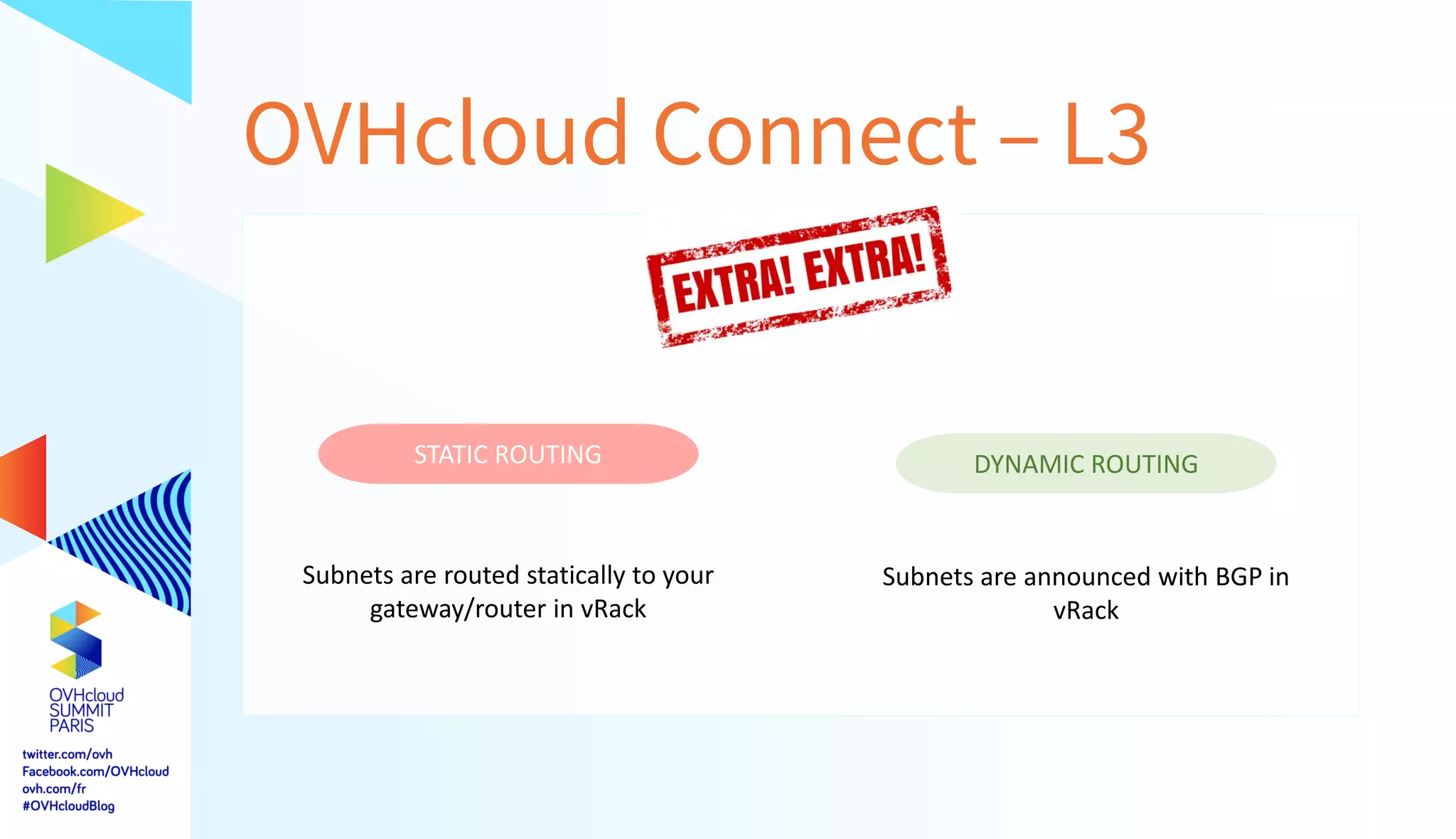 OVHcloud Connect – L3
Subnets are routed statically to your
gateway/router in vRack
Subnets are announced with BGP in
vRack
STATIC ROUTING DYNAMIC ROUTING
 