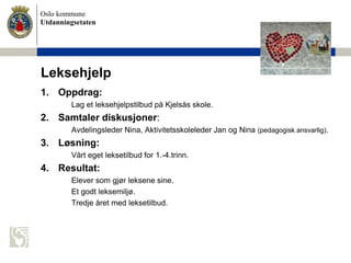 Oslo kommune
Utdanningsetaten
Leksehjelp
1. Oppdrag:
Lag et leksehjelpstilbud på Kjelsås skole.
2. Samtaler diskusjoner:
Avdelingsleder Nina, Aktivitetsskoleleder Jan og Nina (pedagogisk ansvarlig).
3. Løsning:
Vårt eget leksetilbud for 1.-4.trinn.
4. Resultat:
Elever som gjør leksene sine.
Et godt leksemiljø.
Tredje året med leksetilbud.
 