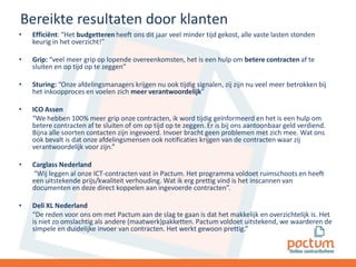 Bereikte resultaten door klanten
•

Efficiënt: “Het budgetteren heeft ons dit jaar veel minder tijd gekost, alle vaste lasten stonden
keurig in het overzicht!”

•

Grip: “veel meer grip op lopende overeenkomsten, het is een hulp om betere contracten af te
sluiten en op tijd op te zeggen”

•

Sturing: “Onze afdelingsmanagers krijgen nu ook tijdig signalen, zij zijn nu veel meer betrokken bij
het inkoopproces en voelen zich meer verantwoordelijk”

•

ICO Assen
“We hebben 100% meer grip onze contracten, ik word tijdig geïnformeerd en het is een hulp om
betere contracten af te sluiten of om op tijd op te zeggen. Er is bij ons aantoonbaar geld verdiend.
Bijna alle soorten contacten zijn ingevoerd. Invoer bracht geen problemen met zich mee. Wat ons
ook bevalt is dat onze afdelingsmensen ook notificaties krijgen van de contracten waar zij
verantwoordelijk voor zijn.”

•

Carglass Nederland
“Wij leggen al onze ICT-contracten vast in Pactum. Het programma voldoet ruimschoots en heeft
een uitstekende prijs/kwaliteit verhouding. Wat ik erg prettig vind is het inscannen van
documenten en deze direct koppelen aan ingevoerde contracten”.

•

Deli XL Nederland
“De reden voor ons om met Pactum aan de slag te gaan is dat het makkelijk en overzichtelijk is. Het
is niet zo omslachtig als andere (maatwerk)pakketten. Pactum voldoet uitstekend, we waarderen de
simpele en duidelijke invoer van contracten. Het werkt gewoon prettig.”

 