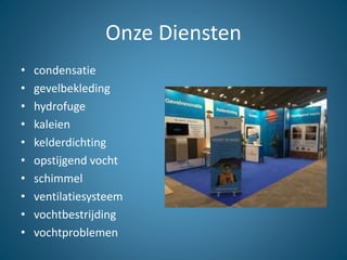 Onze Diensten
• condensatie
• gevelbekleding
• hydrofuge
• kaleien
• kelderdichting
• opstijgend vocht
• schimmel
• ventilatiesysteem
• vochtbestrijding
• vochtproblemen
 