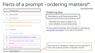 Parts of a prompt - ordering matters!*
*sometimes
Mandatory and fixed placement
Ordering key:
Flexible but best to stay in its
zone relative to overall prompt
The only time “Assistant:” doesn’t end a prompt is
if you are putting words in Claude’s mouth
1. “nnHuman:”
2. Task context
3. Tone context
4. Background data & documents
5. Detailed task description & rules
6. Examples
7. Conversation history
8. Immediate task description or request
9. Thinking step by step / take a deep
breath
10. Output formatting
11. “nnAssistant:”
To use system prompts with Claude 2.1, see how to
use system prompts in our documentation.
 