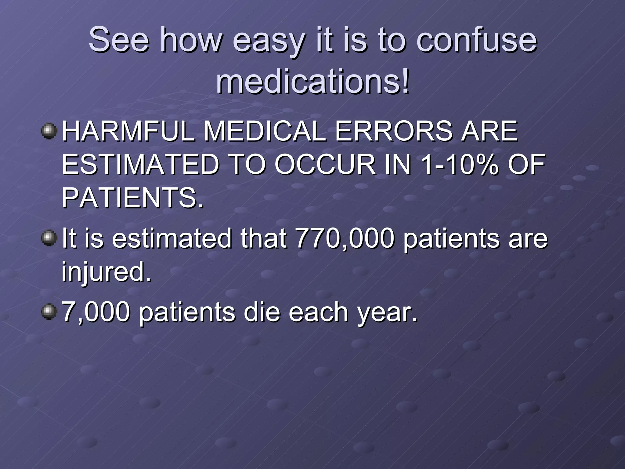 See how easy it is to confuse medications! HARMFUL MEDICAL ERRORS ARE ESTIMATED TO OCCUR IN 1-10% OF PATIENTS. It is estimated that 770,000 patients are injured. 7,000 patients die each year. 