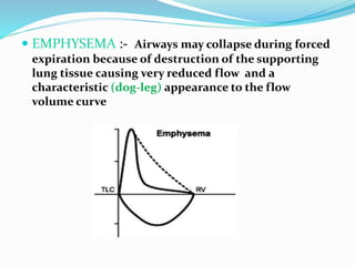  EMPHYSEMA :- Airways may collapse during forced
expiration because of destruction of the supporting
lung tissue causing very reduced flow and a
characteristic (dog-leg) appearance to the flow
volume curve
 