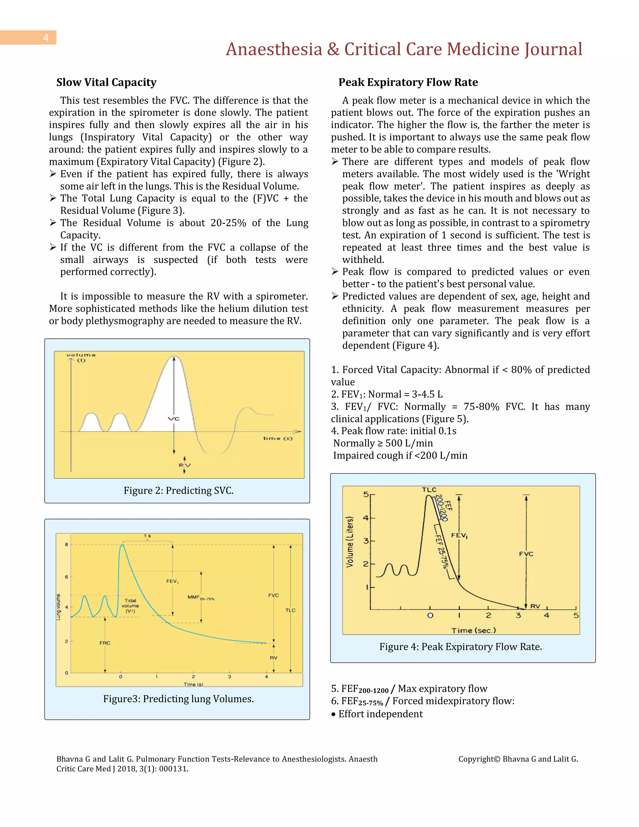 Anaesthesia & Critical Care Medicine Journal
Bhavna G and Lalit G. Pulmonary Function Tests-Relevance to Anesthesiologists. Anaesth
Critic Care Med J 2018, 3(1): 000131.
Copyright© Bhavna G and Lalit G.
4
Slow Vital Capacity
This test resembles the FVC. The difference is that the
expiration in the spirometer is done slowly. The patient
inspires fully and then slowly expires all the air in his
lungs (Inspiratory Vital Capacity) or the other way
around: the patient expires fully and inspires slowly to a
maximum (Expiratory Vital Capacity) (Figure 2).
 Even if the patient has expired fully, there is always
some air left in the lungs. This is the Residual Volume.
 The Total Lung Capacity is equal to the (F)VC + the
Residual Volume (Figure 3).
 The Residual Volume is about 20-25% of the Lung
Capacity.
 If the VC is different from the FVC a collapse of the
small airways is suspected (if both tests were
performed correctly).
It is impossible to measure the RV with a spirometer.
More sophisticated methods like the helium dilution test
or body plethysmography are needed to measure the RV.
Figure 2: Predicting SVC.
Figure3: Predicting lung Volumes.
Peak Expiratory Flow Rate
A peak flow meter is a mechanical device in which the
patient blows out. The force of the expiration pushes an
indicator. The higher the flow is, the farther the meter is
pushed. It is important to always use the same peak flow
meter to be able to compare results.
 There are different types and models of peak flow
meters available. The most widely used is the 'Wright
peak flow meter'. The patient inspires as deeply as
possible, takes the device in his mouth and blows out as
strongly and as fast as he can. It is not necessary to
blow out as long as possible, in contrast to a spirometry
test. An expiration of 1 second is sufficient. The test is
repeated at least three times and the best value is
withheld.
 Peak flow is compared to predicted values or even
better - to the patient's best personal value.
 Predicted values are dependent of sex, age, height and
ethnicity. A peak flow measurement measures per
definition only one parameter. The peak flow is a
parameter that can vary significantly and is very effort
dependent (Figure 4).
1. Forced Vital Capacity: Abnormal if < 80% of predicted
value
2. FEV1: Normal = 3-4.5 L
3. FEV1/ FVC: Normally = 75-80% FVC. It has many
clinical applications (Figure 5).
4. Peak flow rate: initial 0.1s
Normally ≥ 500 L/min
Impaired cough if <200 L/min
Figure 4: Peak Expiratory Flow Rate.
5. FEF200-1200 / Max expiratory flow
6. FEF25-75% / Forced midexpiratory flow:
 Effort independent
 