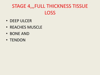 STAGE 4,,,FULL THICKNESS TISSUE
LOSS
• DEEP ULCER
• REACHES MUSCLE
• BONE AND
• TENDON
 