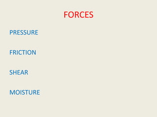 FORCES
PRESSURE
FRICTION
SHEAR
MOISTURE
 