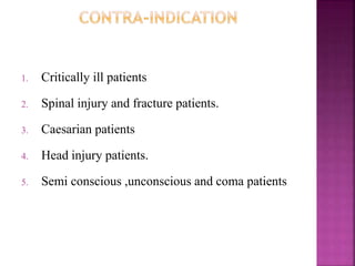 1. Critically ill patients
2. Spinal injury and fracture patients.
3. Caesarian patients
4. Head injury patients.
5. Semi conscious ,unconscious and coma patients
 