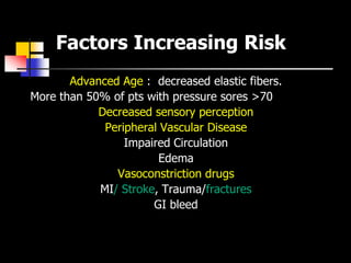 Factors Increasing Risk
       Advanced Age : decreased elastic fibers.
More than 50% of pts with pressure sores >70
            Decreased sensory perception
             Peripheral Vascular Disease
                 Impaired Circulation
                       Edema
               Vasoconstriction drugs
            MI/ Stroke, Trauma/fractures
                      GI bleed
 