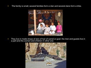 • The family is small, several families form a clan and several clans form a tribe.The family is small, several families form a clan and several clans form a tribe.
• They live in made shops of skin of hair of camel or goat: the men and guests live inThey live in made shops of skin of hair of camel or goat: the men and guests live in
a part and the women and children in other onea part and the women and children in other one
 