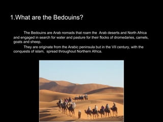1.What are the Bedouins?1.What are the Bedouins?
The Bedouins are Arab nomads that roam the Arab deserts and North AfricaThe Bedouins are Arab nomads that roam the Arab deserts and North Africa
and engaged in search for water and pasture for their flocks of dromedaries, camels,and engaged in search for water and pasture for their flocks of dromedaries, camels,
goats and sheep.goats and sheep.
They are originate from the Arabic peninsula but in the VII century, with theThey are originate from the Arabic peninsula but in the VII century, with the
conquests of islam, spread throughout Northern Africa.conquests of islam, spread throughout Northern Africa.
 